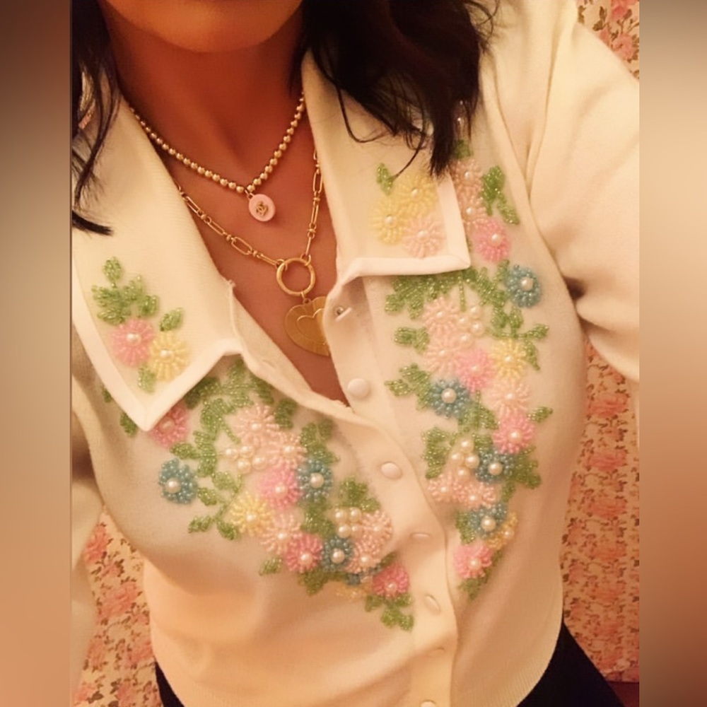 LOVESHACKFANCY Beaded Cream Cardigan Embellished Green Pink Blue Pearl Beads